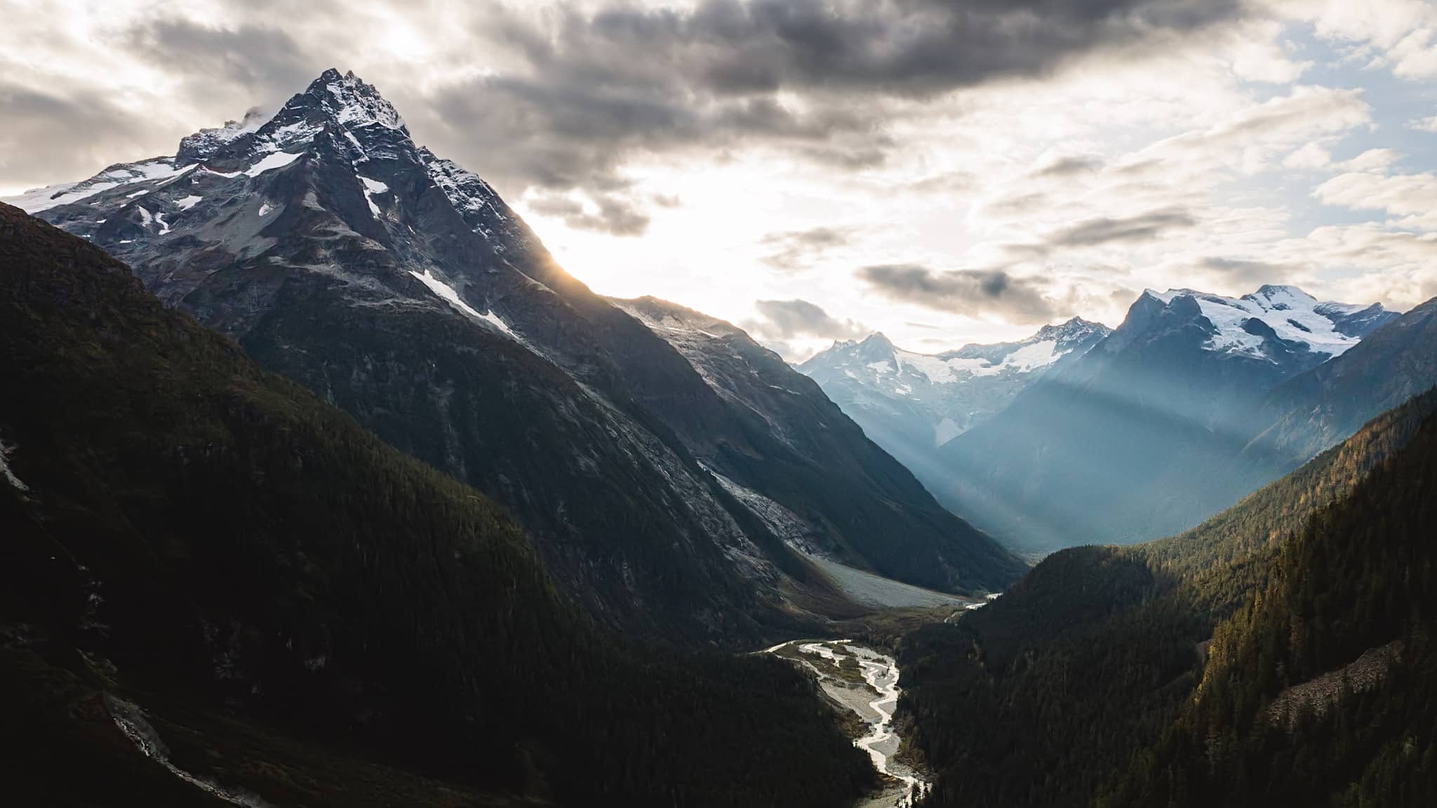 british columbia coastal range noek river sunlit mountains